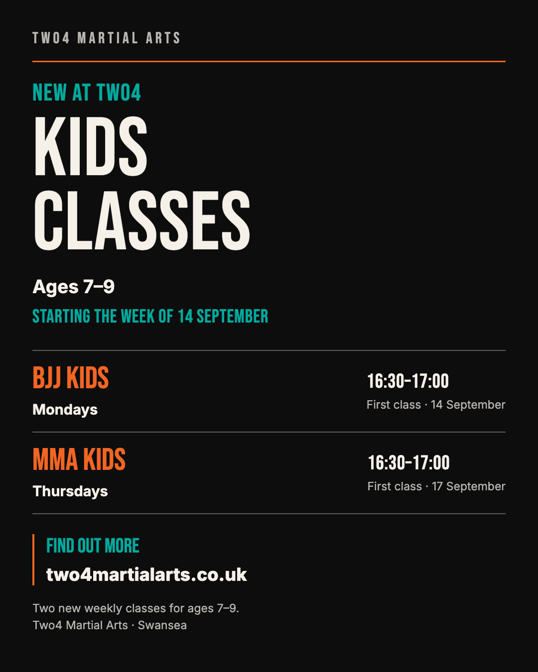 Two4 kids classes announcement for ages seven to nine